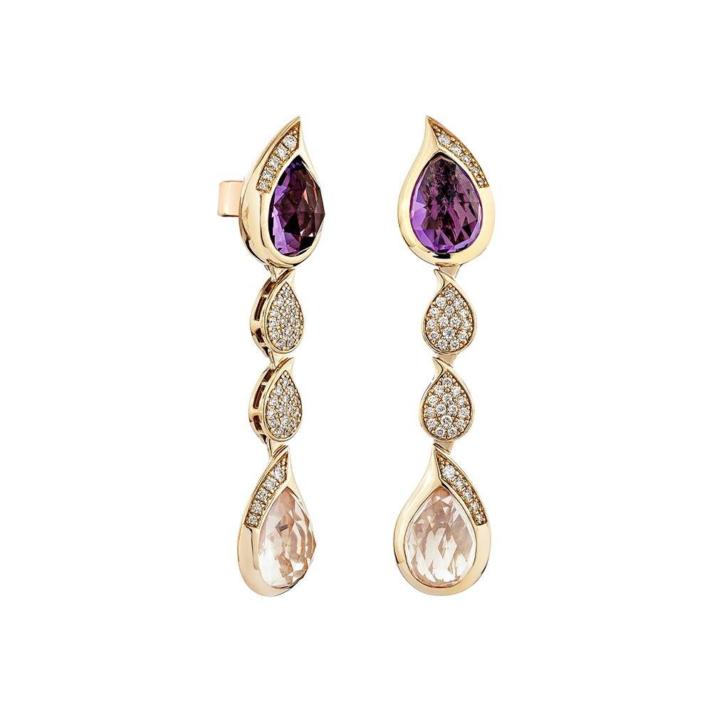 Sunita Nahata presents a one-of-a-kind collection of amethyst and rose quartz drop earrings, with a set in a traditional pear shape with a briolette cut. The stones grouped in a straight line on top amethyst, bottom rose quartz, and diamonds in the
