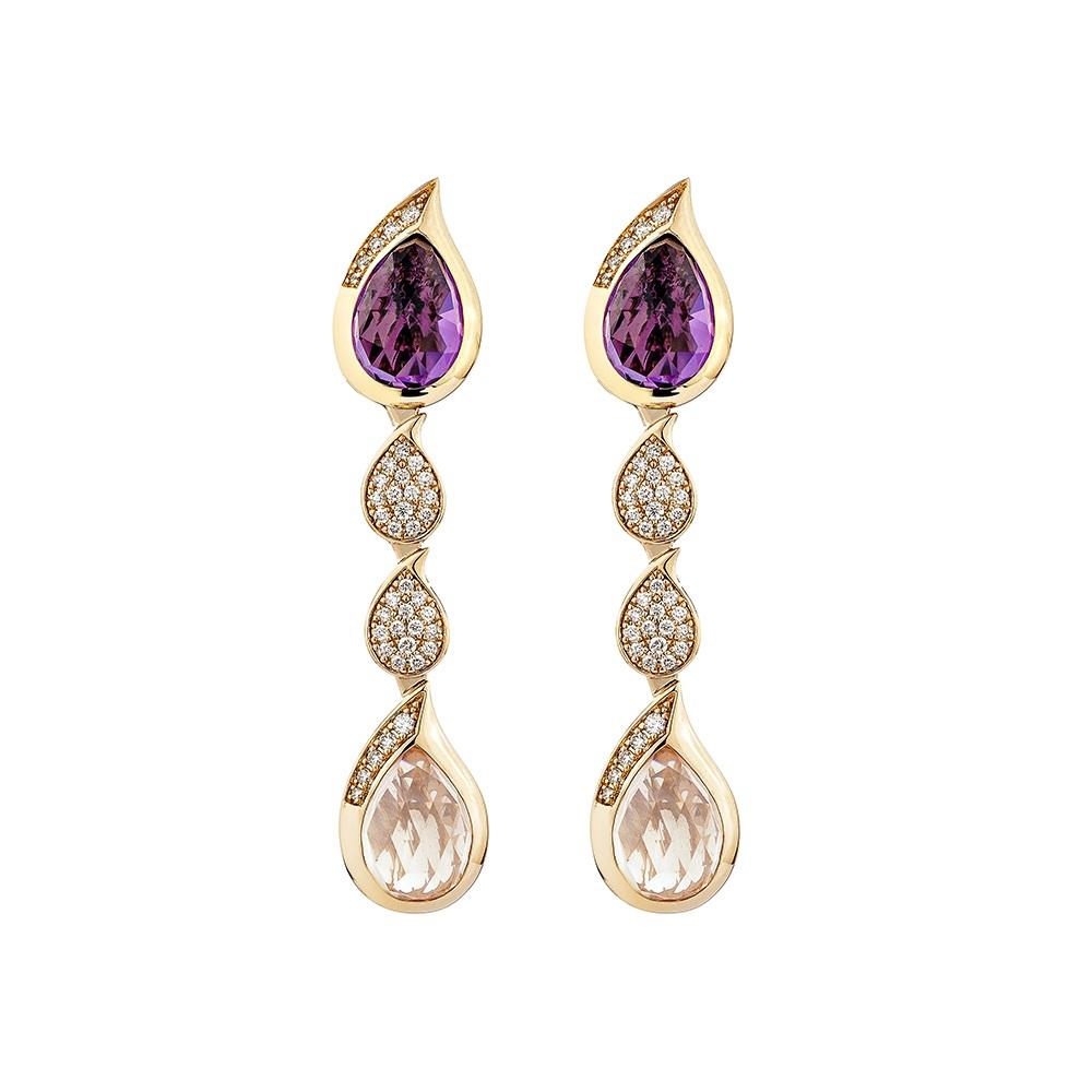 Contemporary 7.99 Carat Amethyst and Rose Quartz Drop Earrings in 18KRG with White Diamond. For Sale