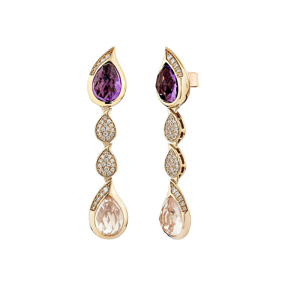 Pear Cut 7.99 Carat Amethyst and Rose Quartz Drop Earrings in 18KRG with White Diamond. For Sale