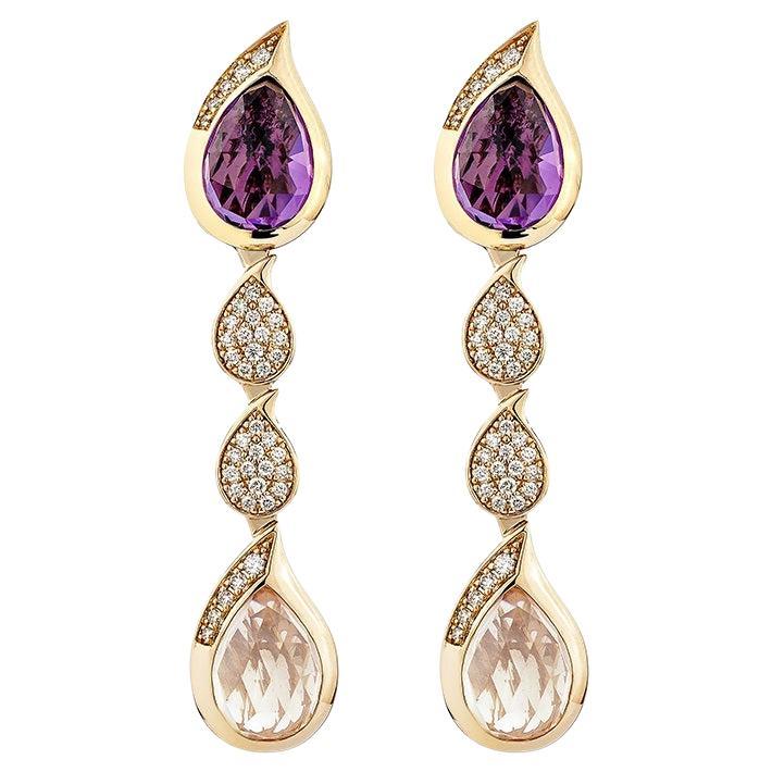 7.99 Carat Amethyst and Rose Quartz Drop Earrings in 18KRG with White Diamond. For Sale