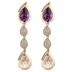 7.99 Carat Amethyst and Rose Quartz Drop Earrings in 18KRG with White Diamond.