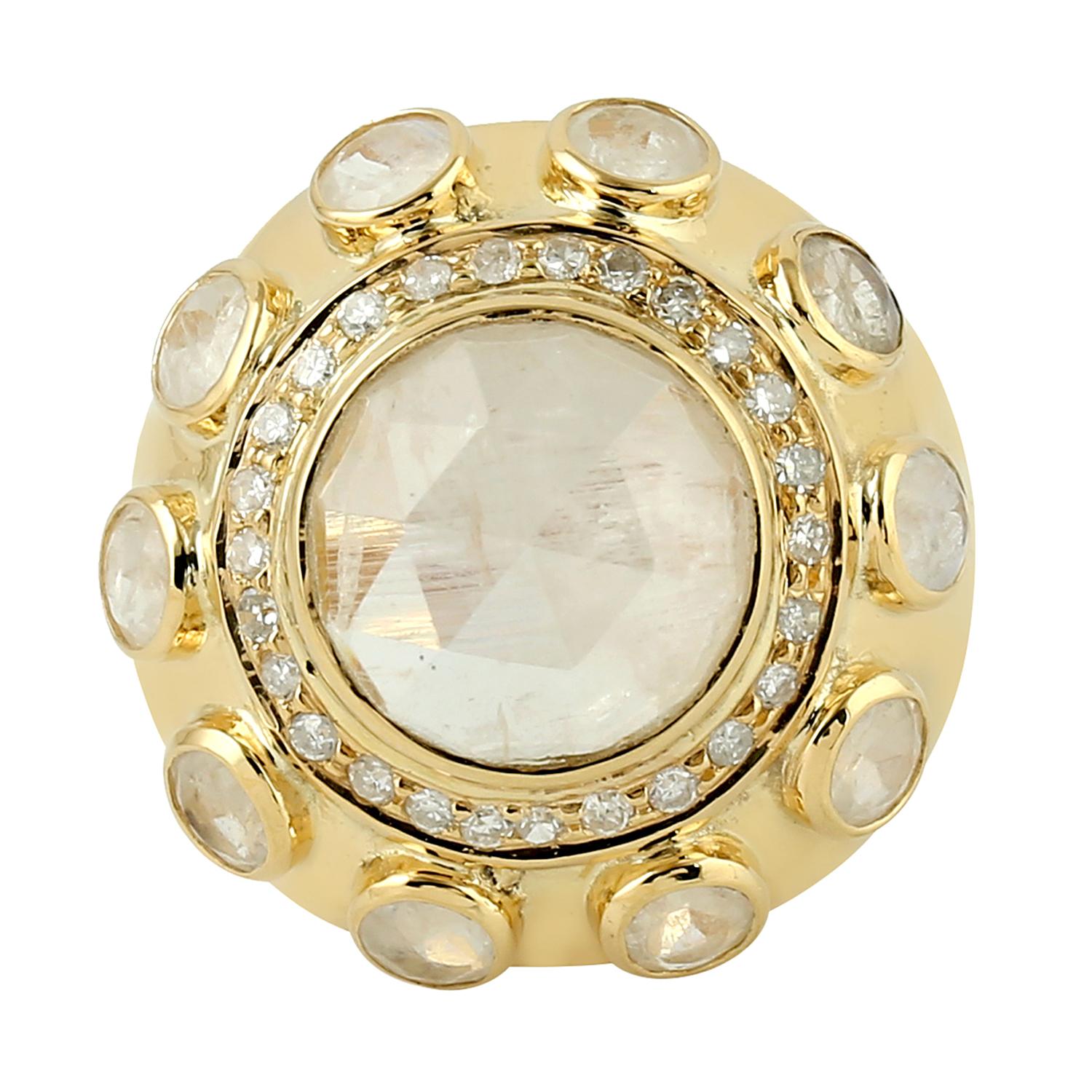 This ring has been meticulously crafted from 14-karat yellow gold. It is set in 7.99 carats of moonstone and .33 carats of sparkling diamonds. 

The ring is a size 7 and may be resized to larger or smaller upon request. 
FOLLOW  MEGHNA JEWELS