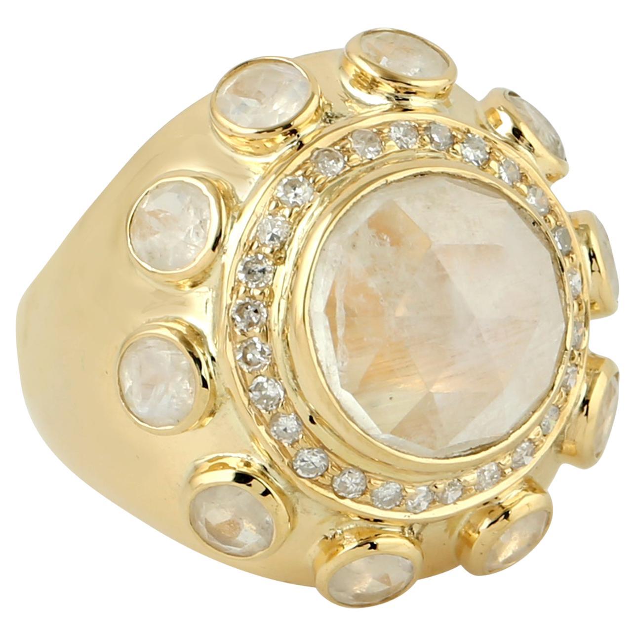 7.99 Carat Moonstone Diamond 14 Karat Gold Ring For Sale