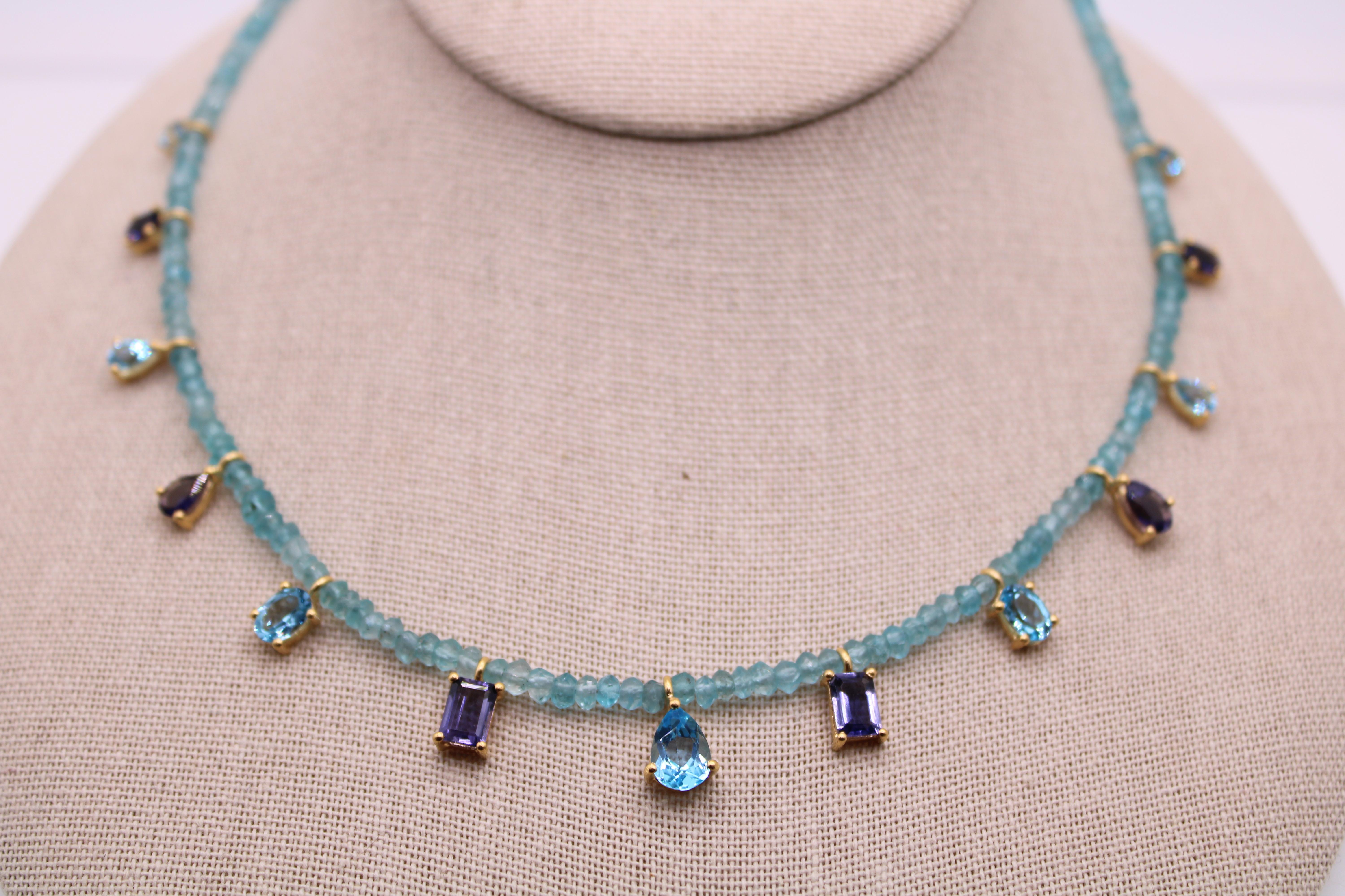 Pear Cut 7.99 Carat Swiss Blue Topaz & Iolite Gemstone Necklace  For Sale