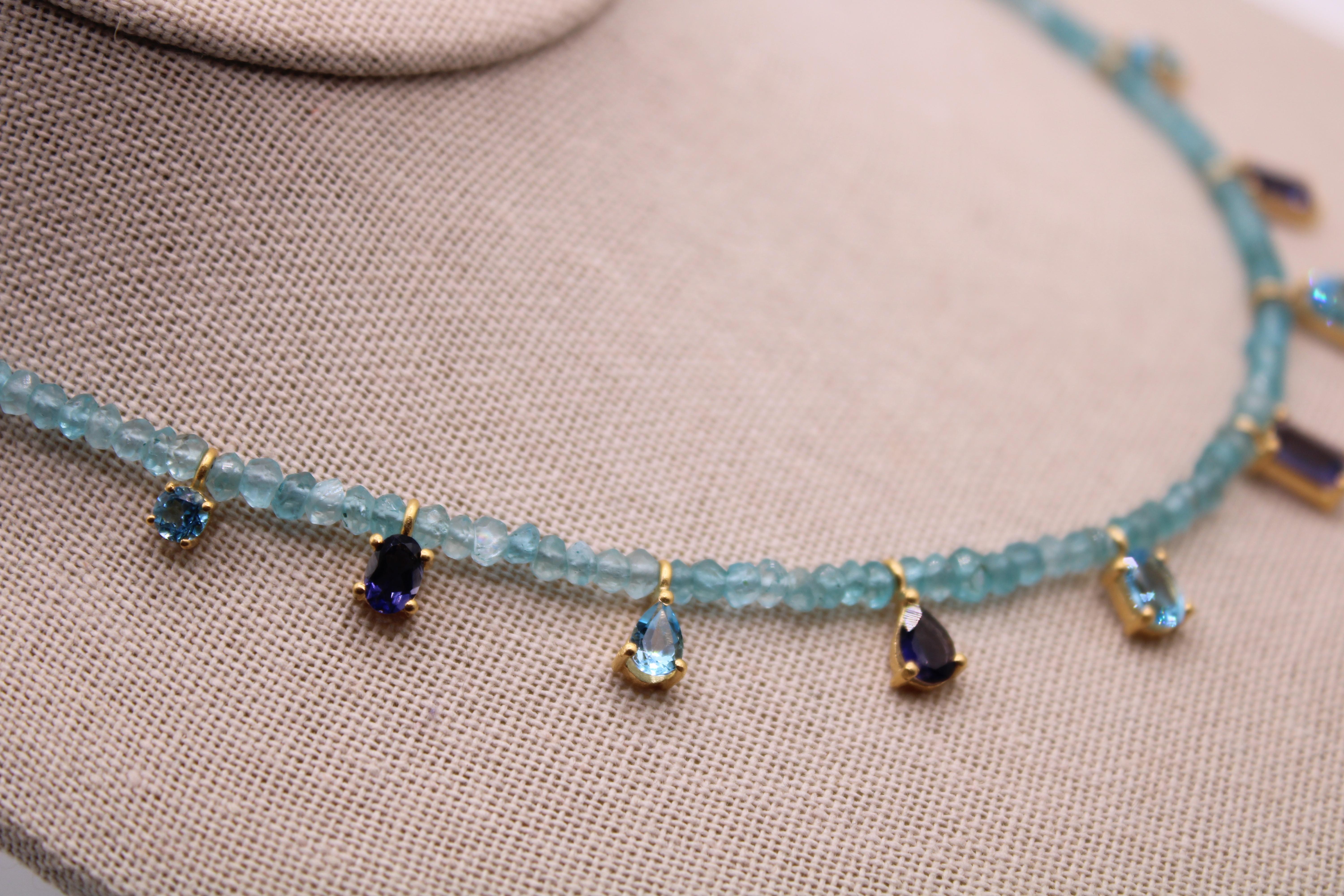 Women's or Men's 7.99 Carat Swiss Blue Topaz & Iolite Gemstone Necklace  For Sale