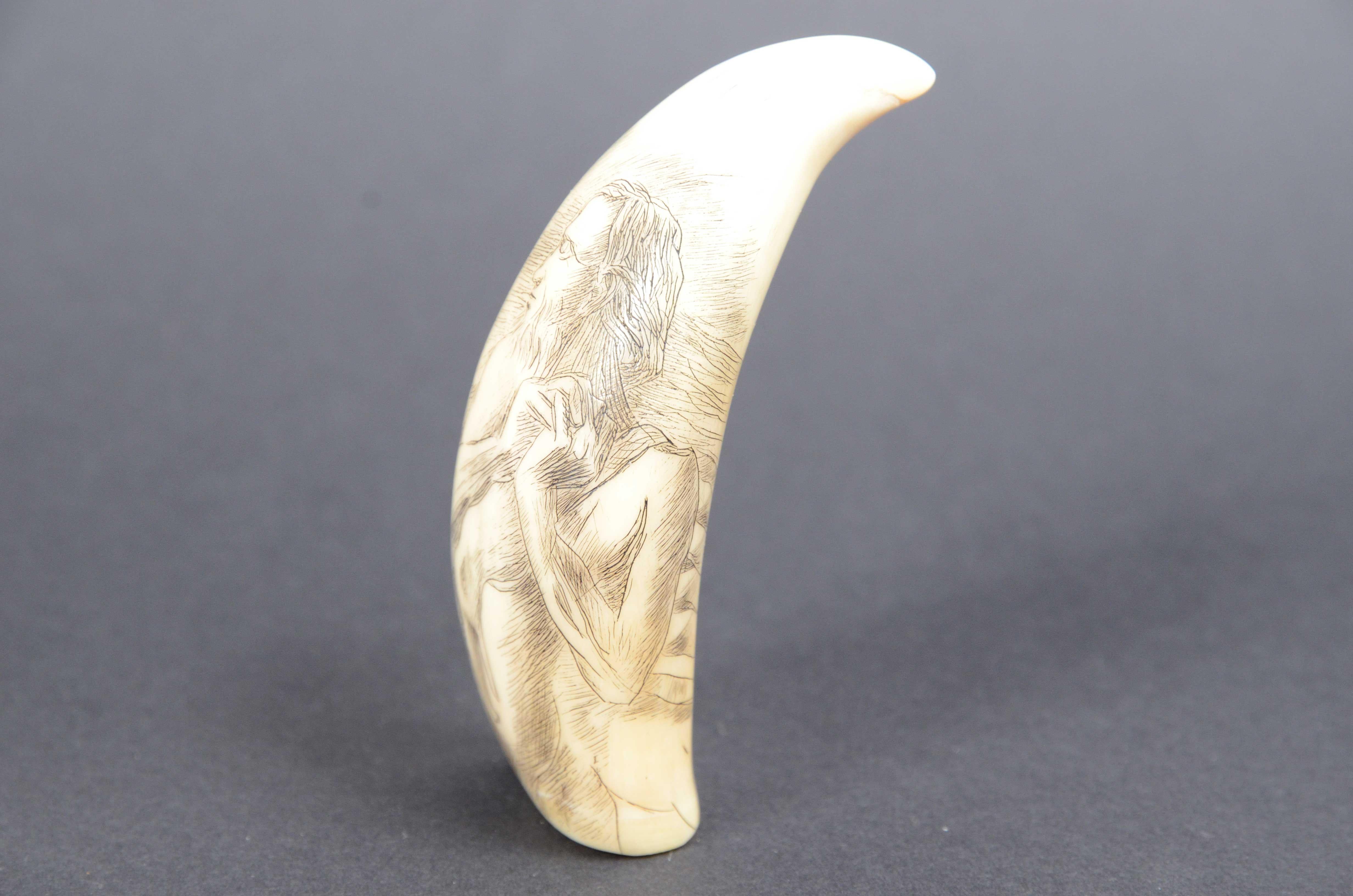 7990 Scrimshaw of vertically engraved whale tooth dated around 1850 In Good Condition For Sale In Milan, IT