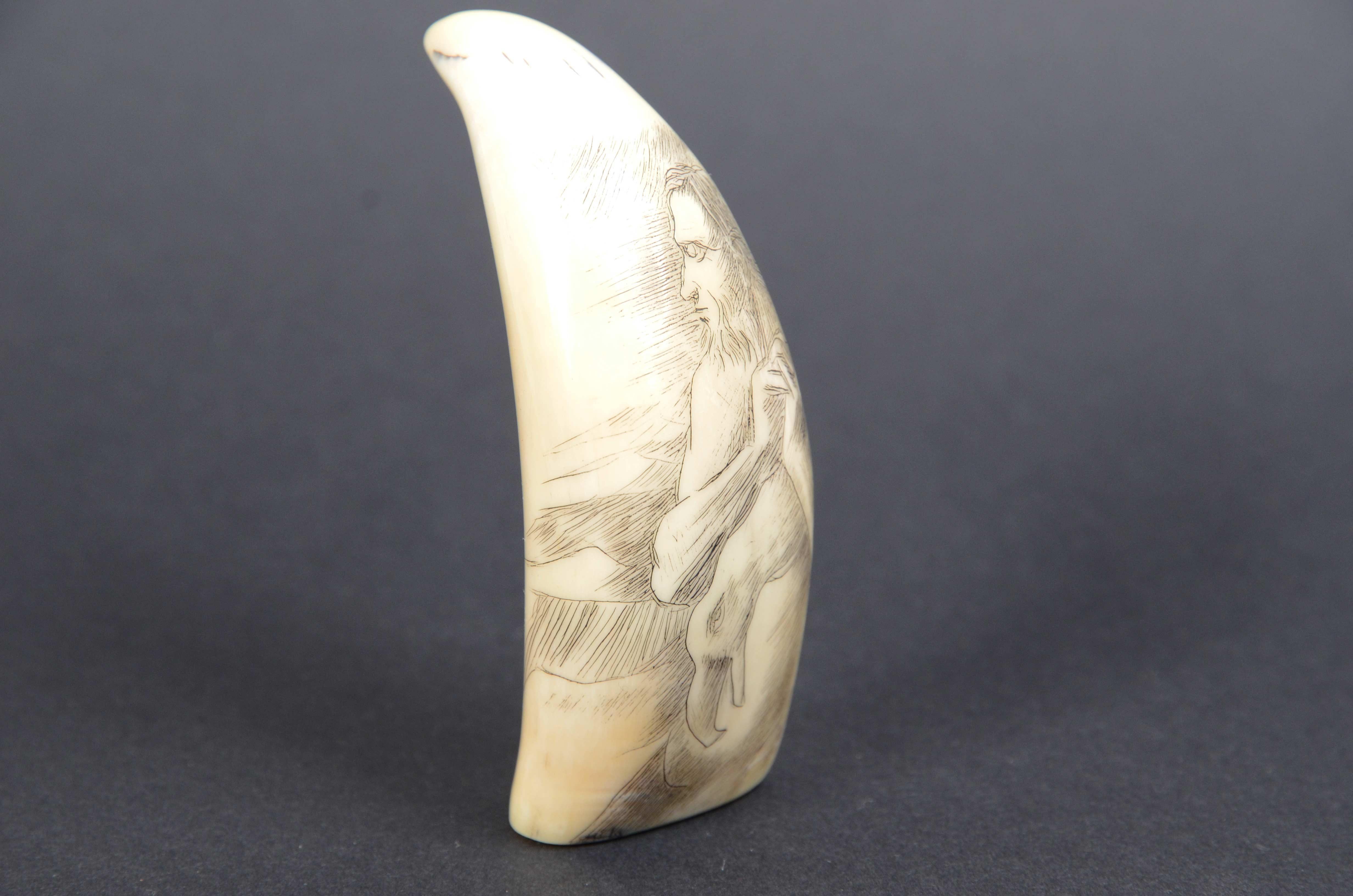 Mid-19th Century 7990 Scrimshaw of vertically engraved whale tooth dated around 1850 For Sale