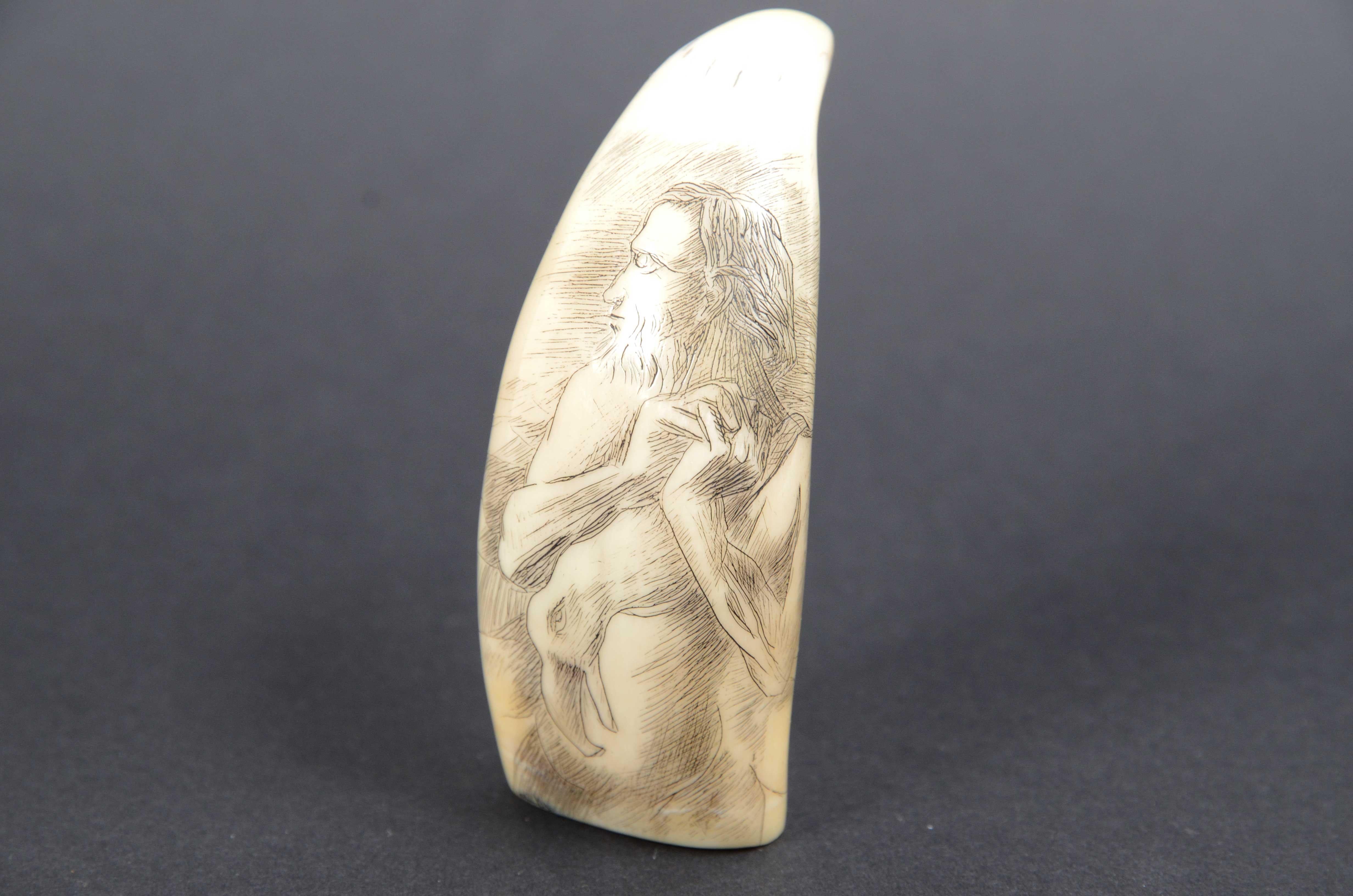 Teeth 7990 Scrimshaw of vertically engraved whale tooth dated around 1850 For Sale
