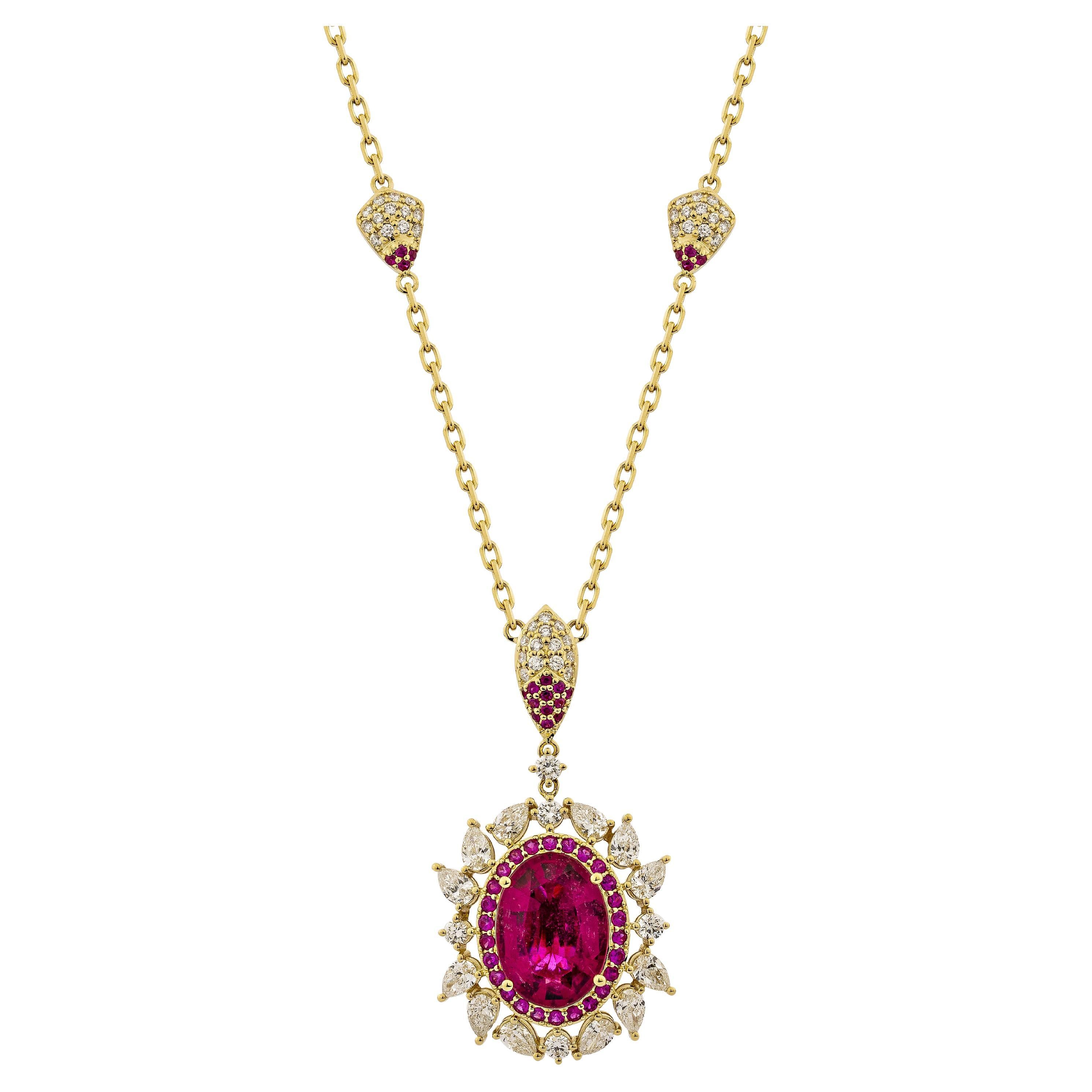 7.994 Carat Rubellite Necklace in 18KYG with Ruby and White Diamond. For Sale