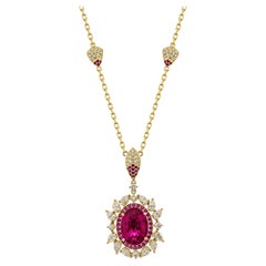 7.994 Carat Rubellite Necklace in 18KYG with Ruby and White Diamond.