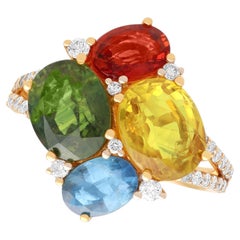 7.99ct Multi-Coloured Sapphire 0.34ct Diamond 14k Yellow Gold Ring Circa 1980