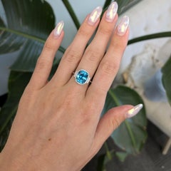 7.9Ct Blue Zircon Ring with Natural Diamond Halo: Solid 14K Gold, Cushion 11x9mm