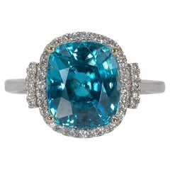 7.9Ct Blue Zircon Ring with Natural Diamond Halo: Solid 14K Gold, Cushion 11x9mm