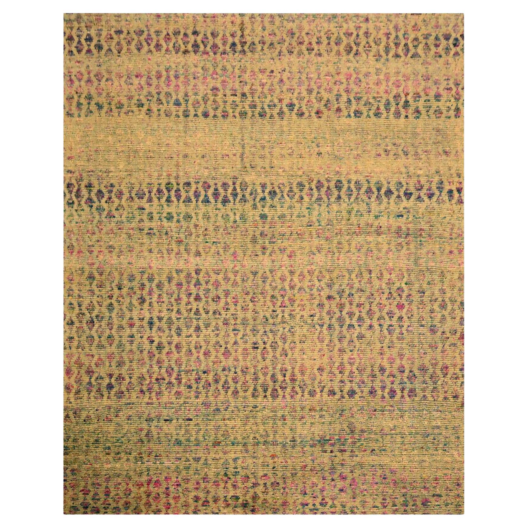 7'9"x10' Brown Colorful Diamond Motif Wool with Sari Silk Hand Knotted Rug For Sale