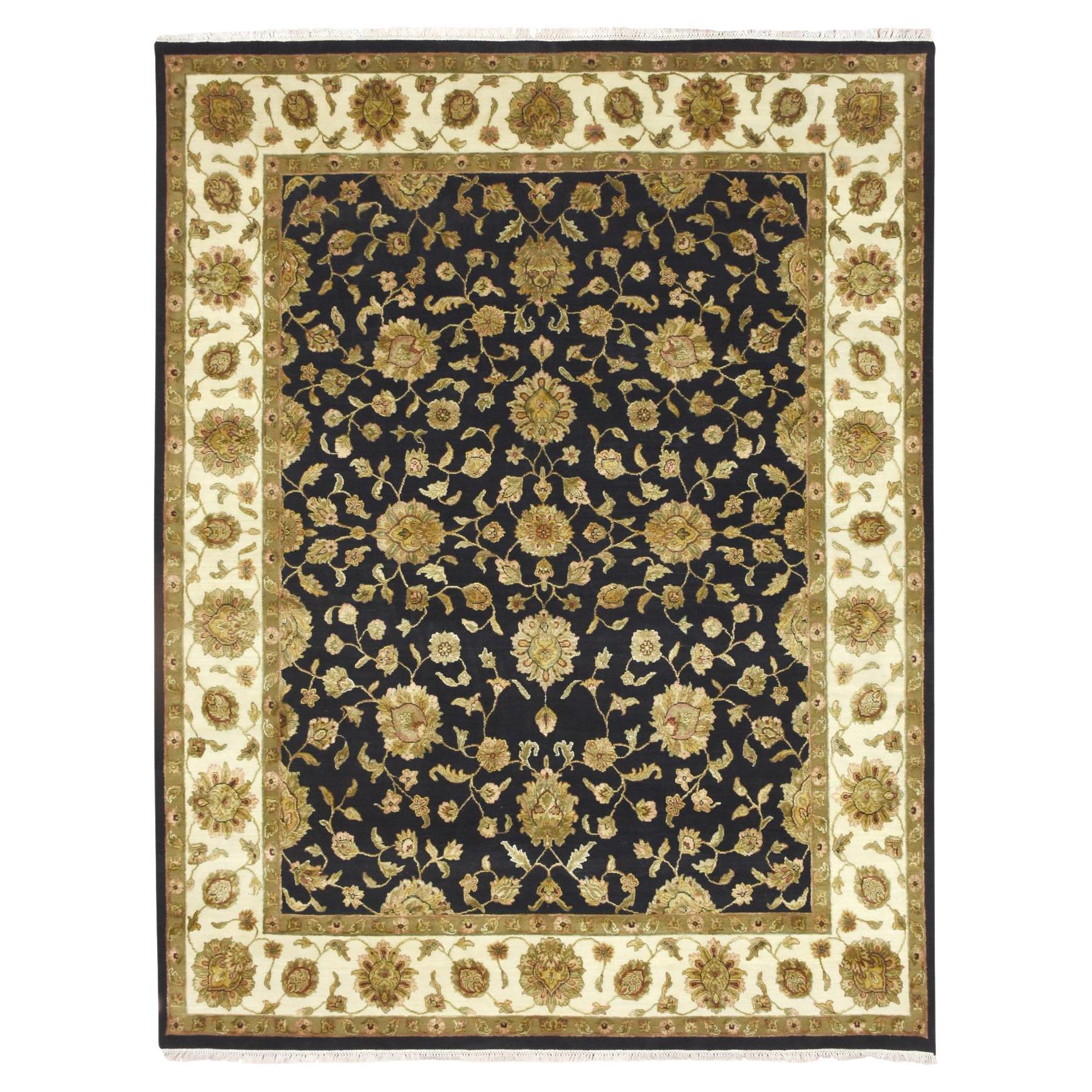 7'9"x10' Caviar Black Densely Woven Thick and Plush Wool and Silk Rajasthan Rug