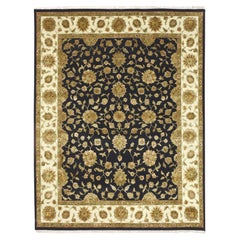 7'9"x10' Caviar Black Densely Woven Thick and Plush Wool and Silk Rajasthan Rug