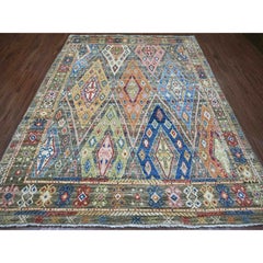 7'9 "x10' Alfombra de lana anudada a mano con diseño geométrico gris inspirado en los pueblos de Anatolia