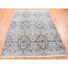 7'9"x10' Ivory Hand Knotted Wool and Silk Geometric Mughal Design Oriental Rug