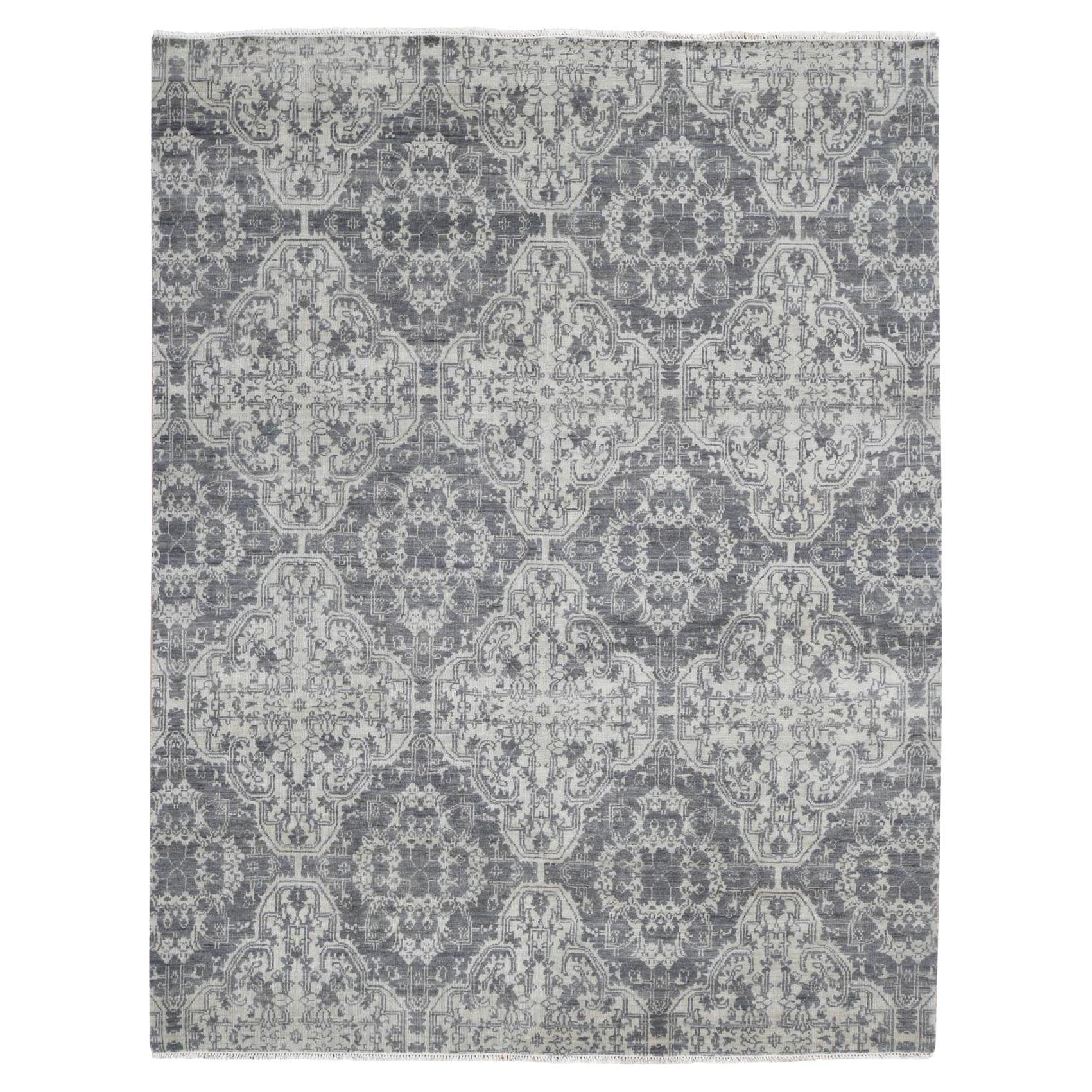 7'9 "x10' Ivoire Laine et soie nouées à la main Tapis oriental géométrique Mughal Design