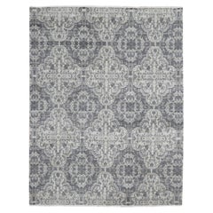 7'9"x10' Ivory Hand Knotted Wool and Silk Geometric Mughal Design Oriental Rug