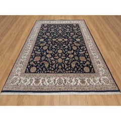 7'9"x10' Midnight Blue Nain with Floral Pattern Hand Knotted Wool & Silk Rug