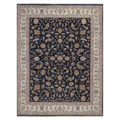 7'9"x10' Midnight Blue Nain with Floral Pattern Hand Knotted Wool & Silk Rug