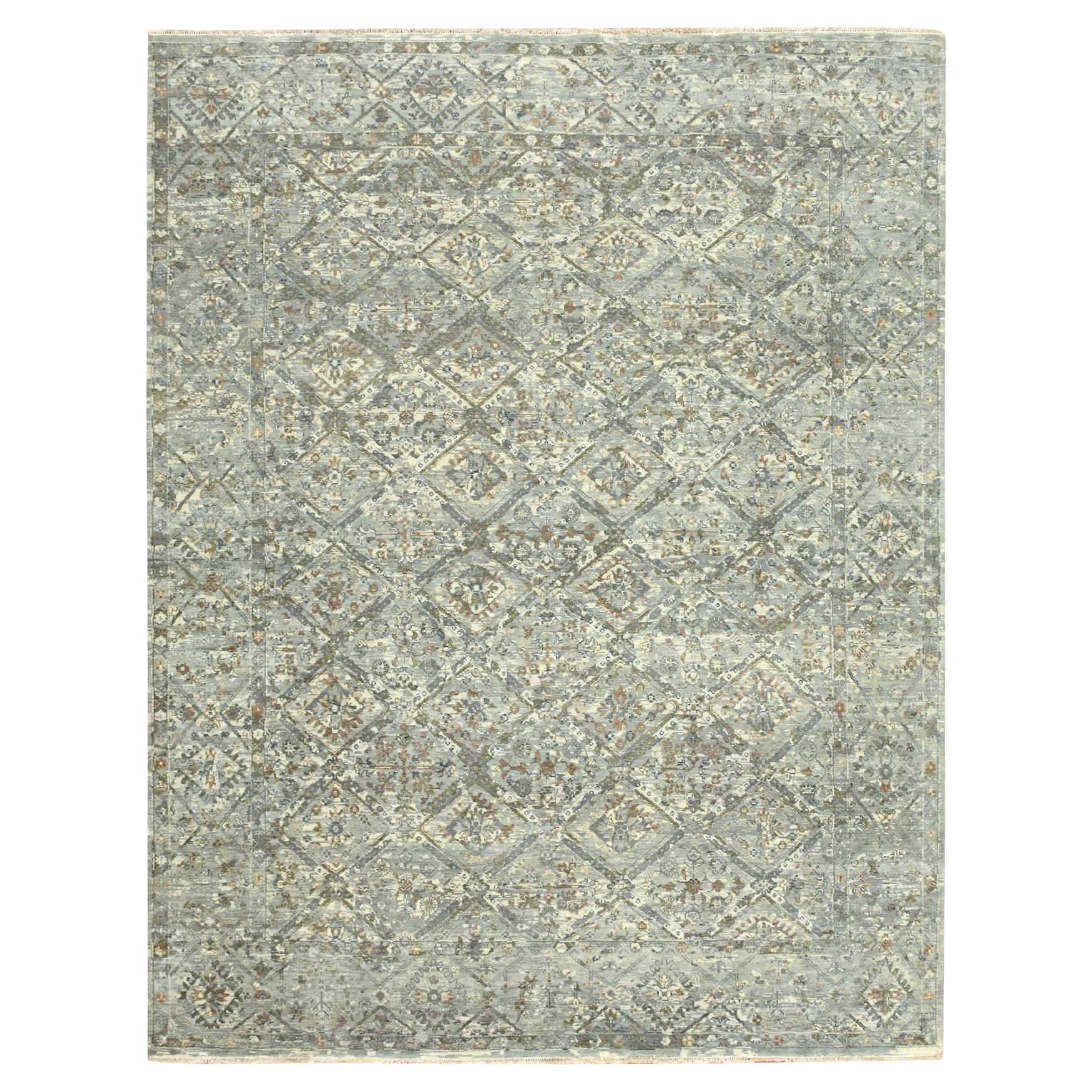 7
9"x10
 Pewter Gray Erased and Broken Garden Design Hand Knotted Pure Wool Rug For Sale