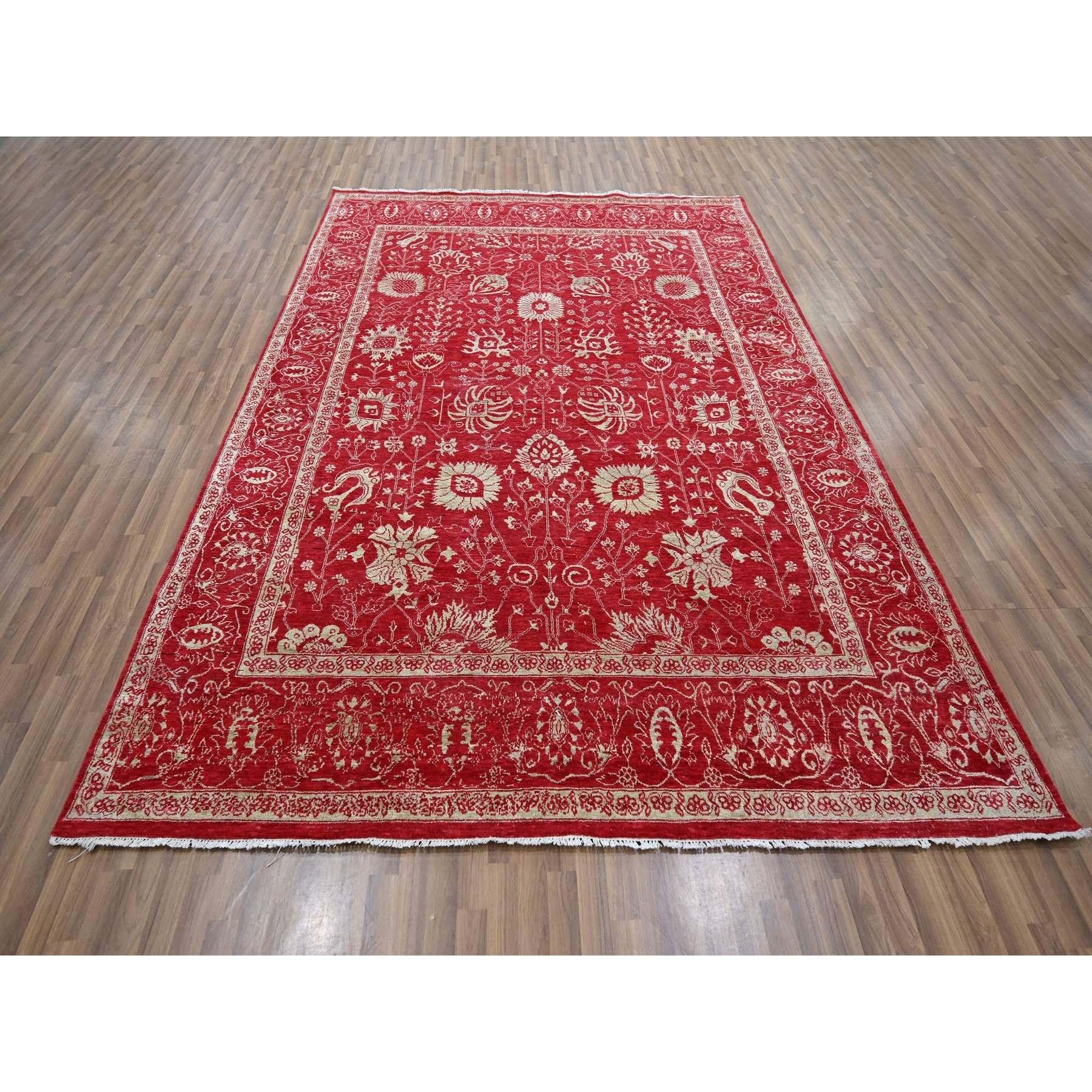 Crimson Red, Persian Tabriz Influence Design, Wool & Silk, Tone on Tone, Hand Knotted, Oriental Rug
Primary materials: Wool & Silk
Latex: No Pile 
height: 0.25 Inches
Style: Transitional
Primary color: Red
Secondary colors: Beige
Pattern: Oriental