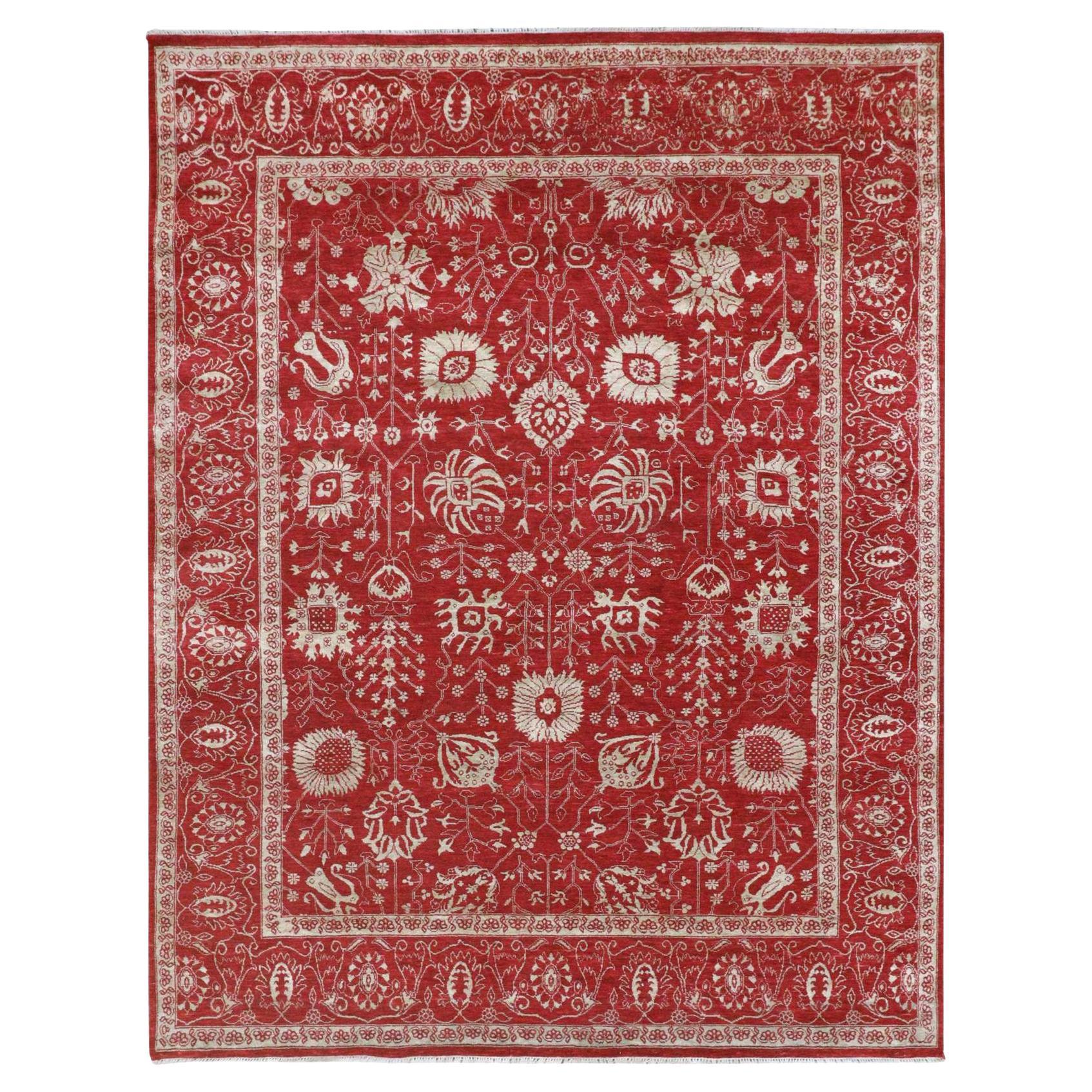 7'9"x10' Roter handgeknüpfter Teppich aus Wolle und Seide im persischen Täbris-Design, Broken & Erased