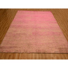 7'9"x10' Rose Pink Sari Silk Modern Line Design Hand Knotted Soft Pile Rug