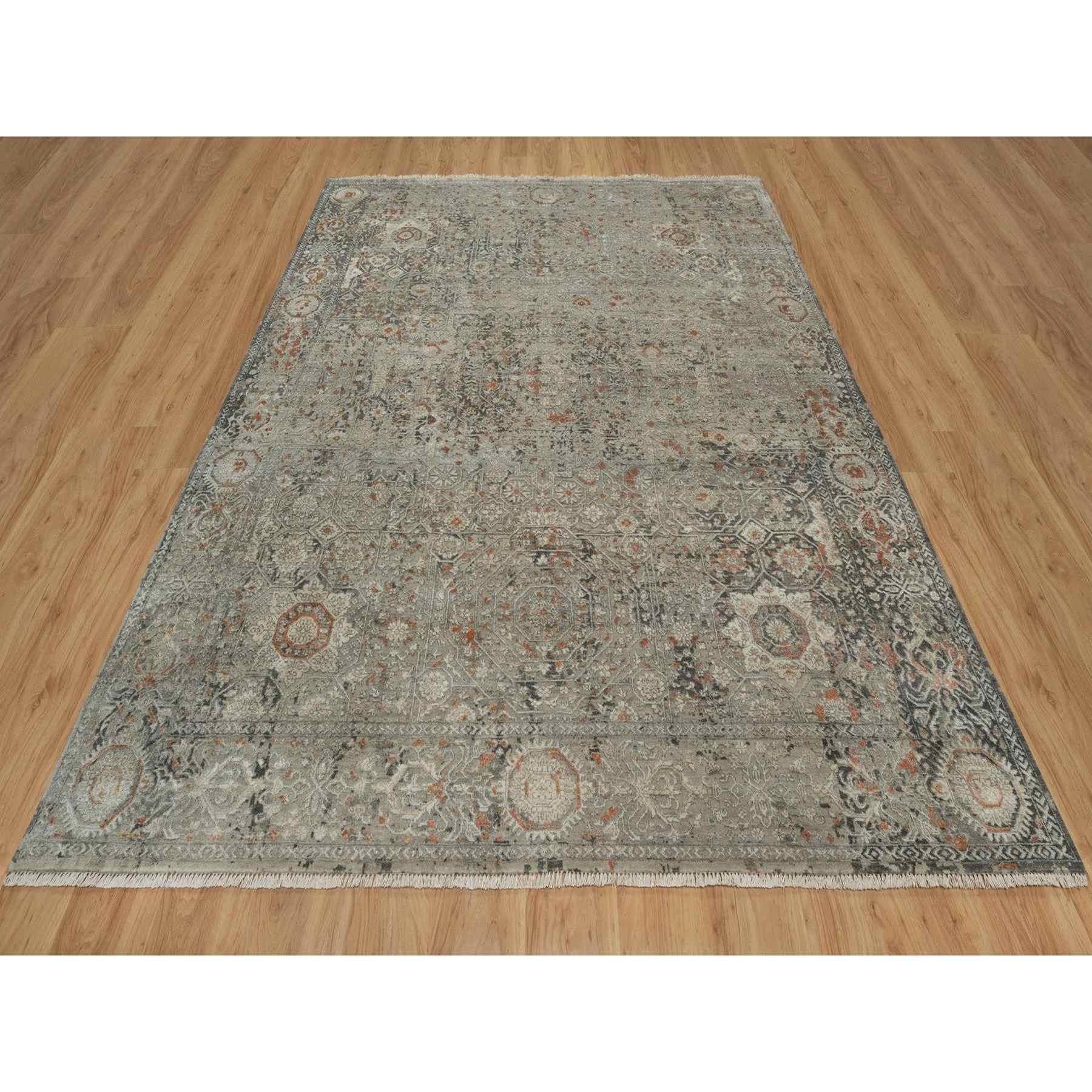 Stone Gray, Broken and Erased Mamluk Design, Hand Knotted, 100% Wool, Densely Woven, Oriental Rug
Primary materials: Wool
Latex: No Pile 
height: 0.25 Inches
Style: Transitional
Primary color: Grey
Secondary colors: Orange, Charcoal Black, Ivory,