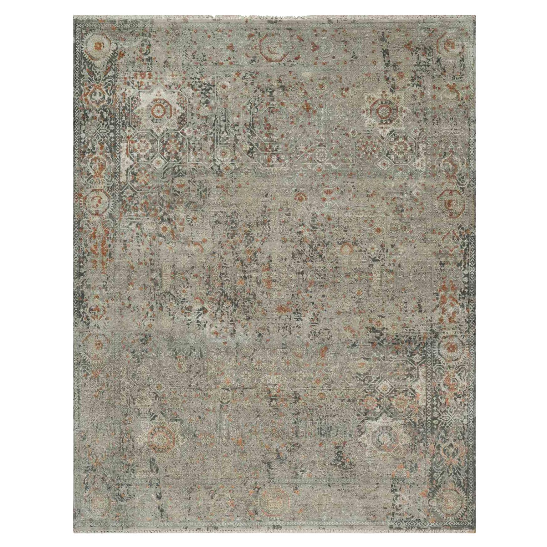 7'9"x10' Stone Gray Broken and Erased Mamluk Design Hand Knotted 100% Wool Rug For Sale