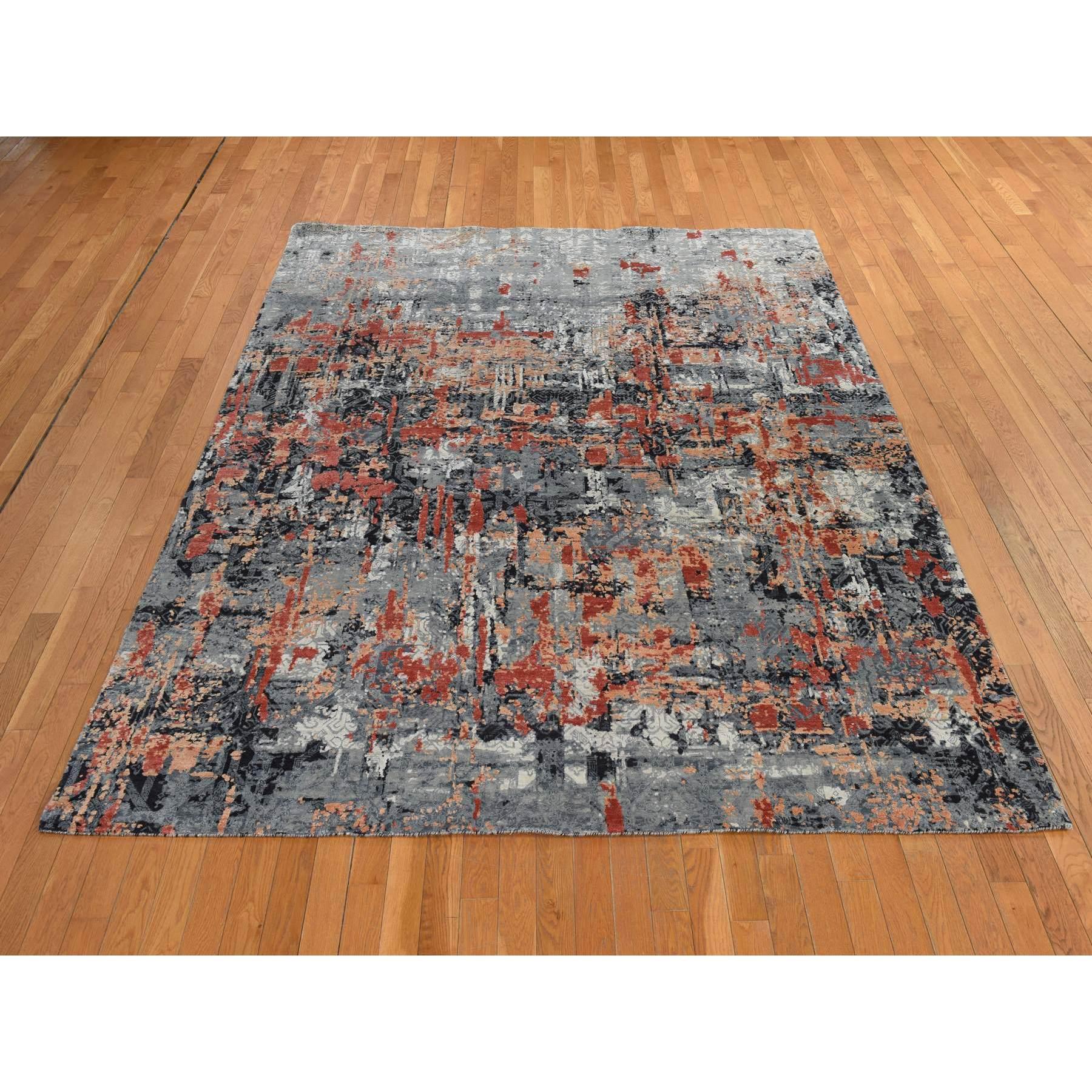 Spanish Gray with Blush Red, Abstract Design, Soft to the Touch, Modern, 100% Wool, Hand Knotted, Oriental Rug
Primary materials: Wool
Latex: No Pile 
height: 0.25 Inches
Style: Contemporary
Primary color: Red
Secondary colors: Beige, Salmon, Peach,