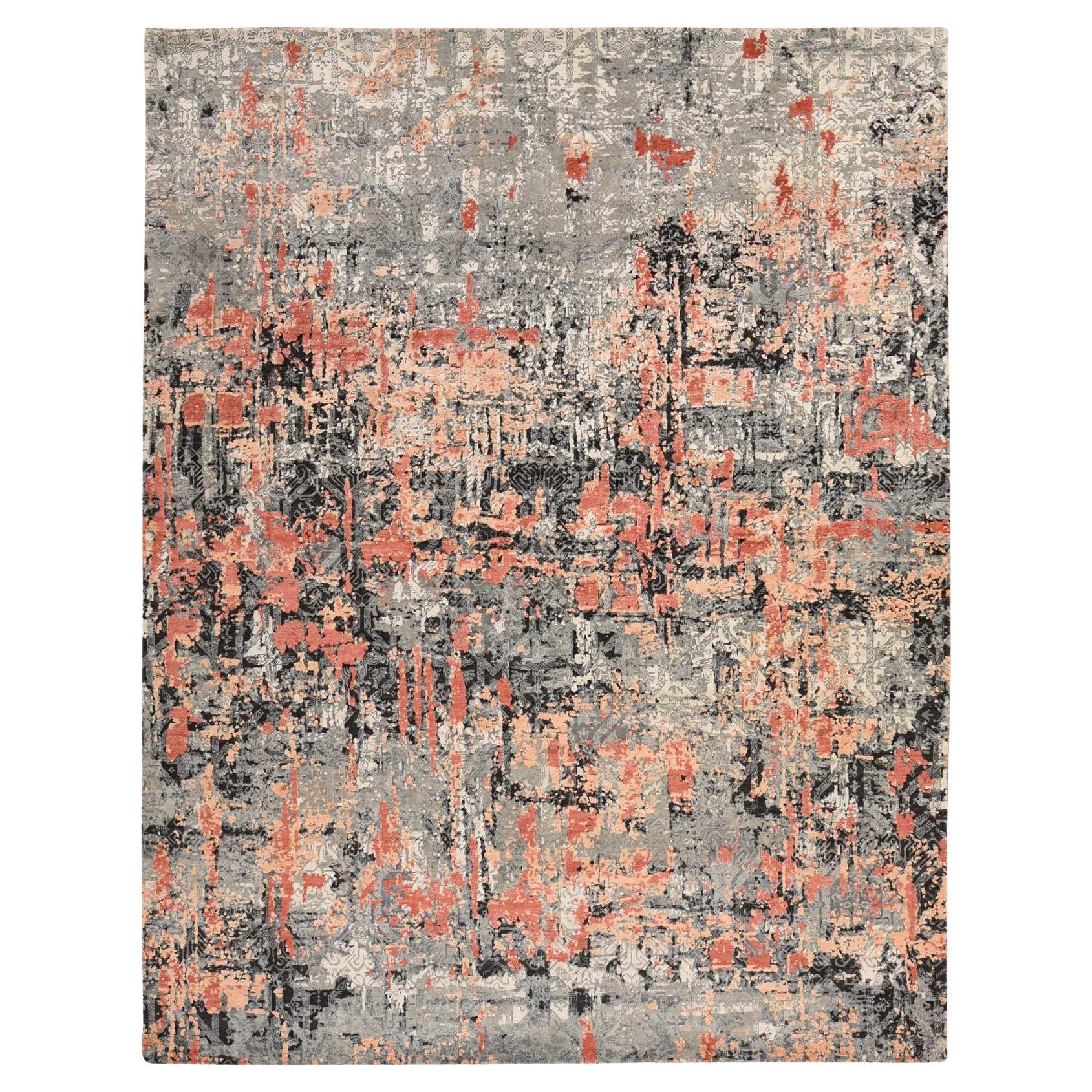 7'9"x10'1" Gray with Red Abstract Design Soft Wool Hand Knotted Oriental Rug For Sale