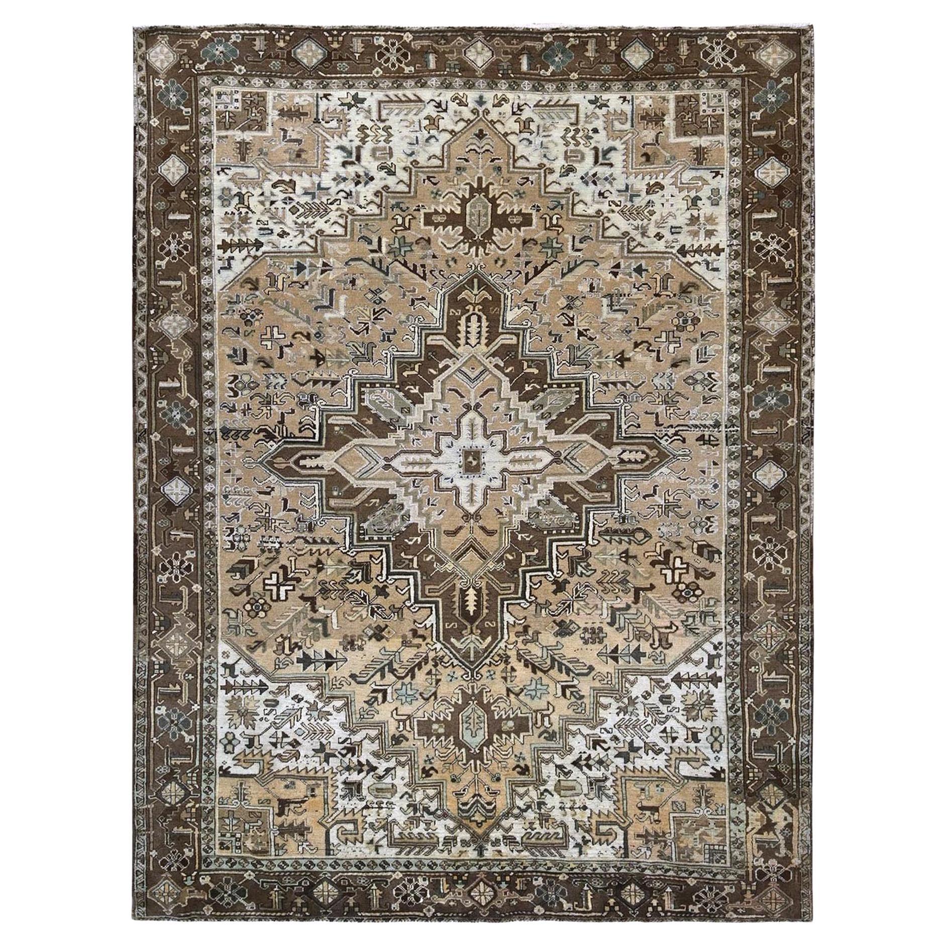 7'9 "x10'3" Brown Vintage Persian Heriz Hand Knotsted Pure Wool Clean Oriental Rug