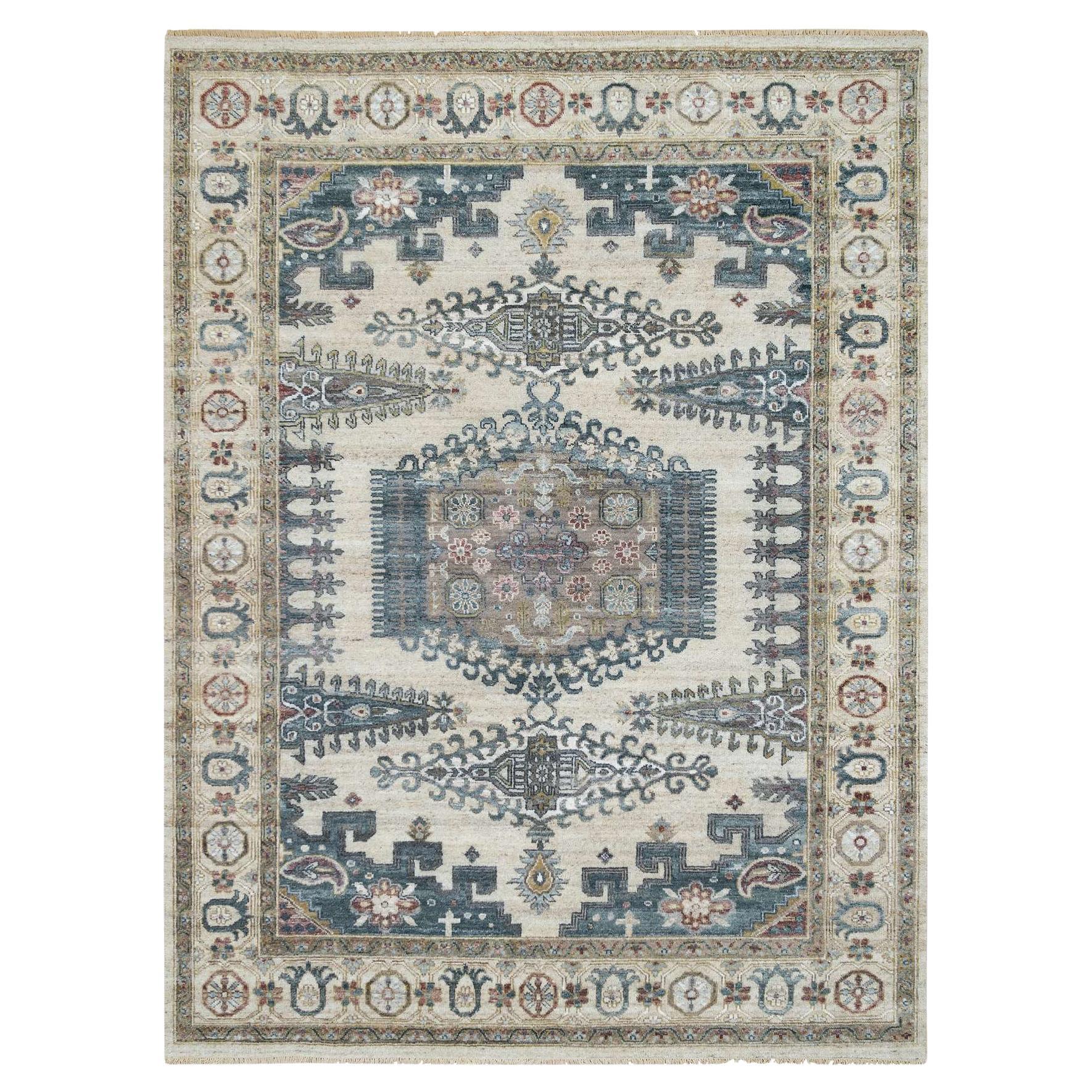 7'9"x10'4" Ivory Hand Knotted Reimagined Persian Viss Design Wool Oriental Rug