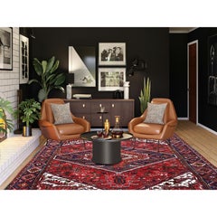 7'9 "x10'4" Tapis de laine rouge vintage persan Heriz avec motifs de médaillons, noué à la main
