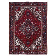 7'9"x10'9" Ruby Red Geometric Medallion Old Persian Heriz Hand Knotted Wool Rug