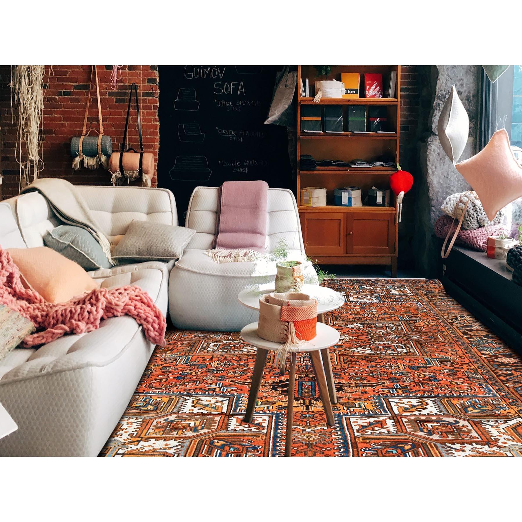 Vivid Orange, Vintage Persian Heriz with Geometric Medallion Design, Evenly Worn, Hand Knotted, 100% Wool, Cropped Thin, Good Condition, Sides and Ends Professionally Secured, Oriental Rug<br /><br />Primary materials: WoolLatex: NoPile height: 0.25