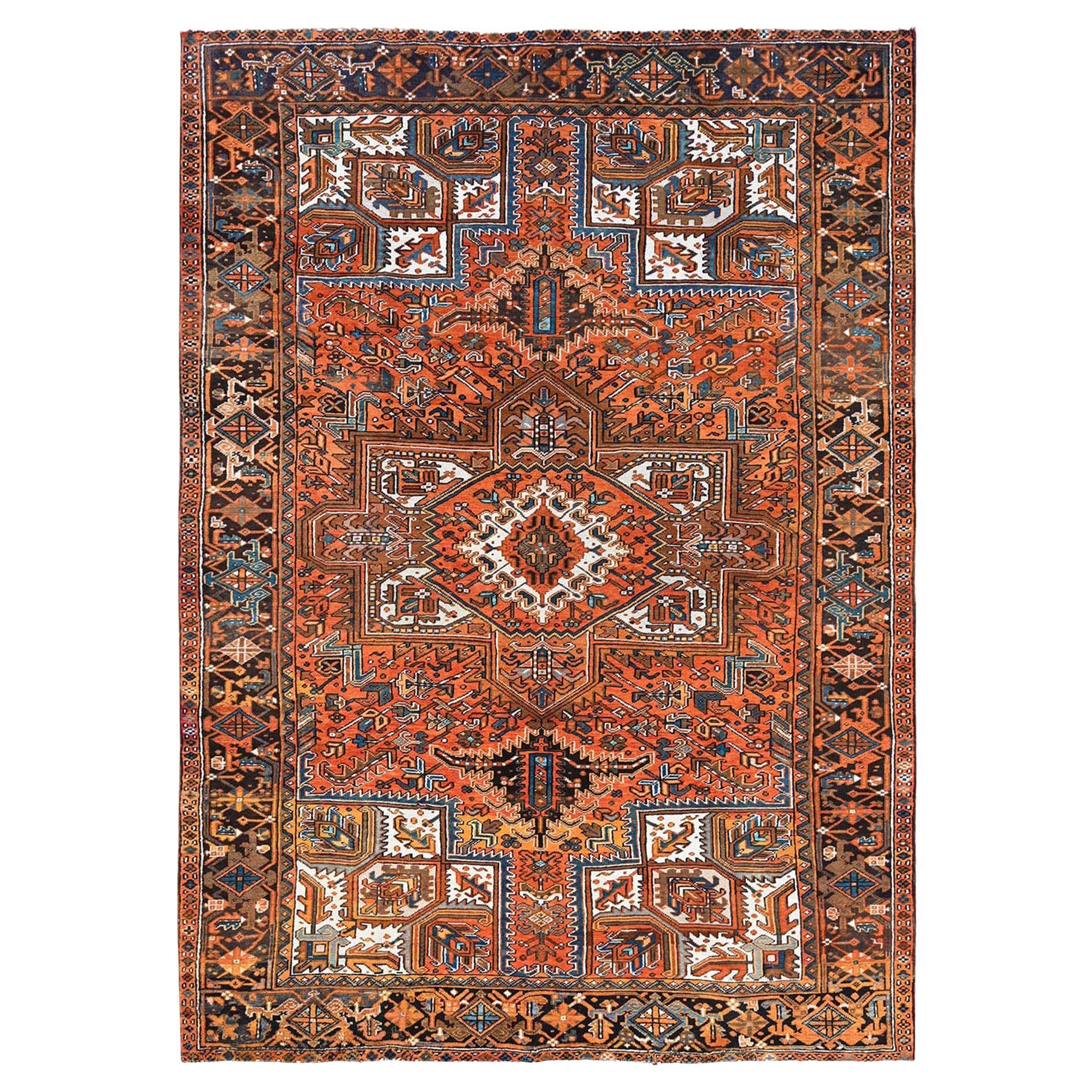 7'9"x11'1" Vivid Orange Vintage Persian Heriz Hand Knotted Wool Oriental Rug For Sale