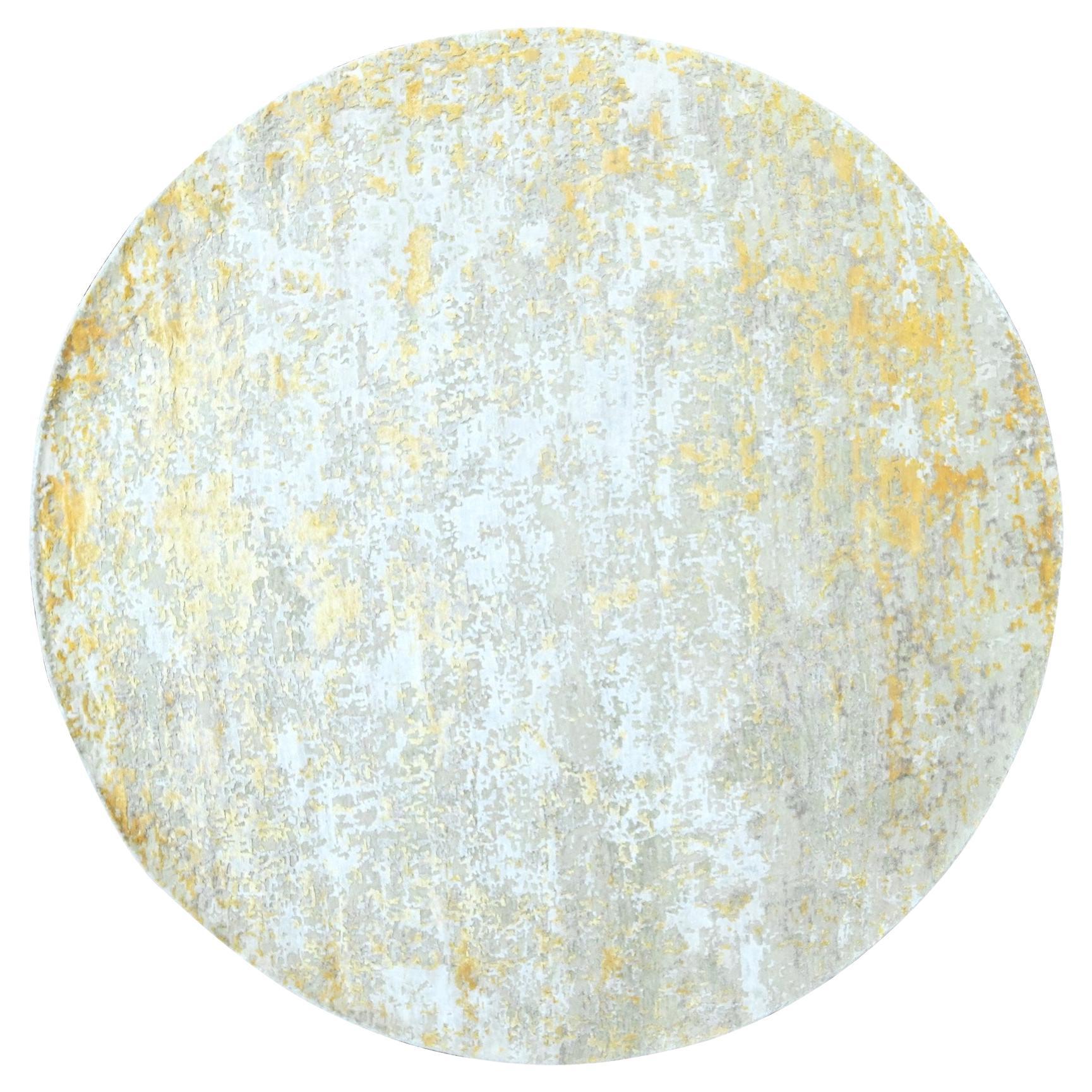 7'9'x7'9" Beige mit abstraktem Design aus Wolle und Seide, handgeknüpfter runder Teppich in Gold