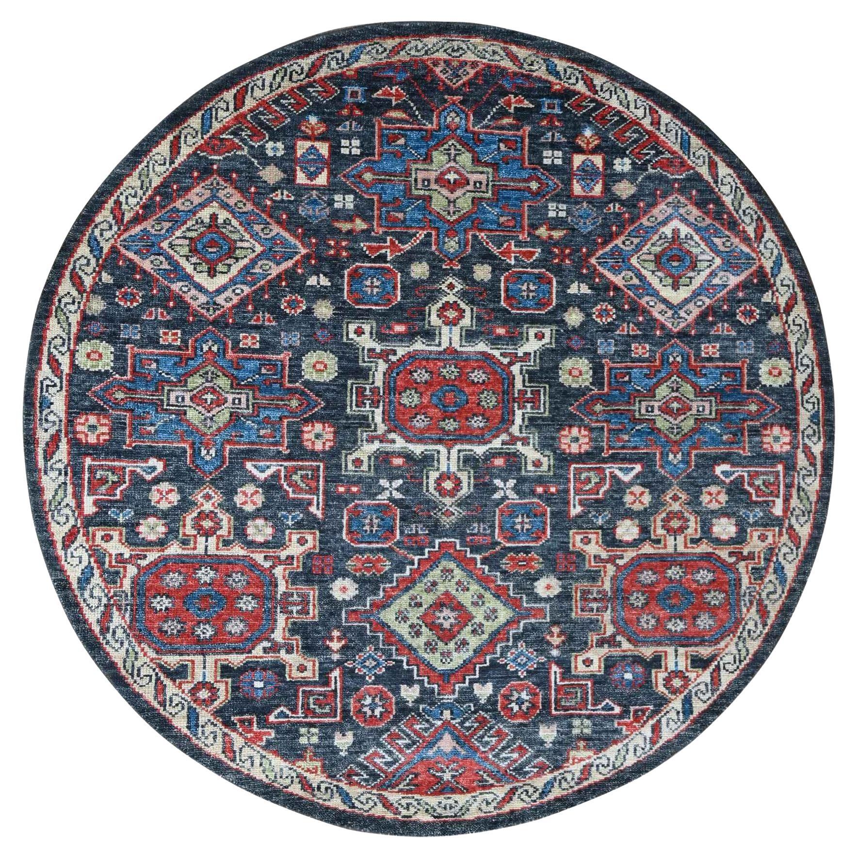 7'9"x7'9" Charcoal Black Karajeh Heriz Pure Wool Hand Knotted Round Oriental Rug