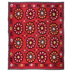 7.9x7.9 Ft Used Silk Embroidery Bed Cover, Red Asian Suzani Tablecloth