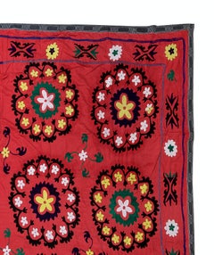7.9x7.9 Ft Vintage Silk Embroidery Bed Cover, Uzbek Tablecloth, Red Wall Hanging