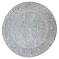 7'9 "x7'9" Tapis rond en laine nouée à la main Peshawar gris avec Ziegler Mahal Design