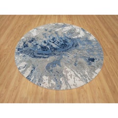 7'9"x7'9" Indigo Blue Abstract Galaxy Design Hand Knotted Wool & Silk Round Rug