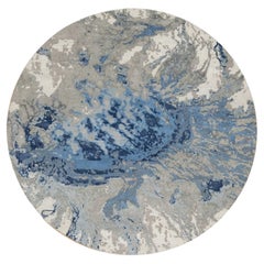 7'9"x7'9" Indigo Blue Abstract Galaxy Design Hand Knotted Wool & Silk Round Rug