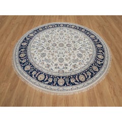 7'9"x7'9" Ivory Nain with Flower Design Hand Knotted Wool and Silk Round Rug