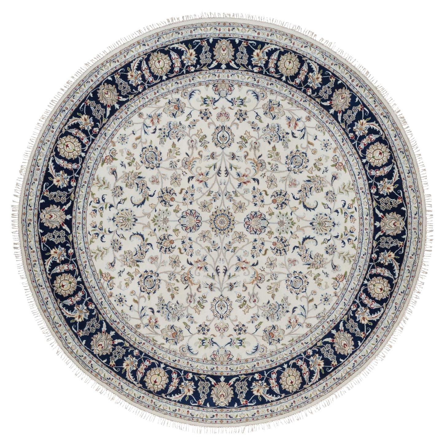 7'9"x7'9" Ivory Nain with Flower Design Hand Knotted Wool and Silk Round Rug