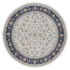 7'9"x7'9" Ivory Nain with Flower Design Hand Knotted Wool and Silk Round Rug